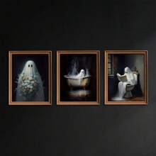 3 Carteles de lona de Halloween, retrato de fantasma retro de Halloween con flores, pintura de arte de pared para el dormitorio, sala de estar, pasillo del hogar, con opción de marco