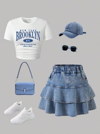 Tween Girls Letter Graphic Print Short Sleeve Top And Denim Skirt Set