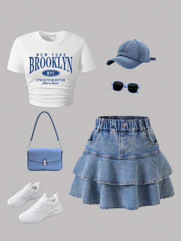 Conjunto de top de manga corta con gráfico de letras y falda vaquera para niñas preadolescentes