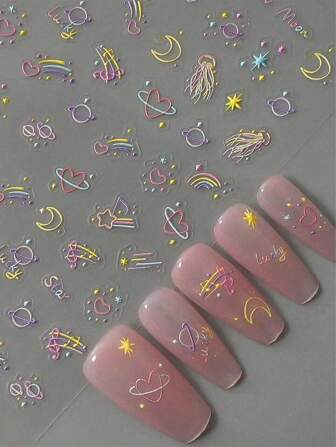 1 pieza Pegatinas de arte de uñas 5D con estrellas, lunas y arcoíris de geometría colorida del universo - Decoraciones y suministros de arte de uñas para niñas y mujeres - Para el salón de arte de uñas del hogar