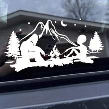 1 Pc Bigfoot And Alien Campfire Vinyl Decal, Waterproof Die-Cut Camping Sticker For Car Truck Rv Camper Trailer Caravan, No-Background