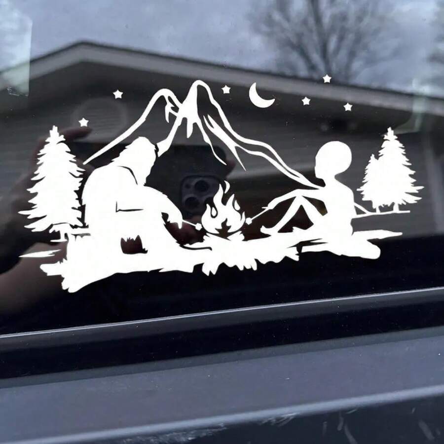 1 Pc Bigfoot And Alien Campfire Vinyl Decal, Waterproof Die-Cut Camping Sticker For Car Truck Rv Camper Trailer Caravan, No-Background