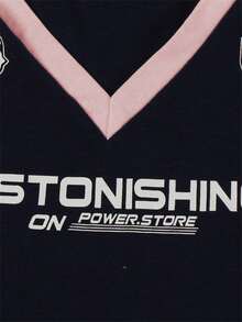 FQLWL 夏季运动女装两件套俱乐部服装字母印花 V 领短款上衣 + 配套抽绳短裤休闲运动服