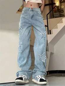 Teen Girls' Star Fringed Pocket Wide Leg Loose Fashion Jeans - Dark Wash - View 1