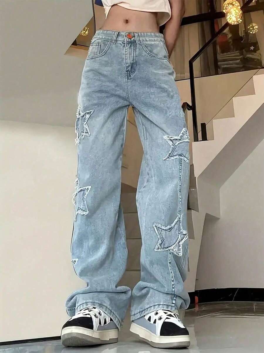 Teen Girls' Star Fringed Pocket Wide Leg Loose Fashion Jeans - Dark Wash - View 1