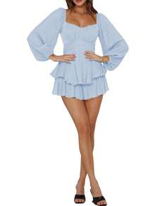 Womens Lantern Ruffle Romper Off Shoulder Puff Sleeve Flowy Lyaner Romper Dress Smocked Short Jumpsuit Playsuits - Màu xanh nhạt - Xem 2