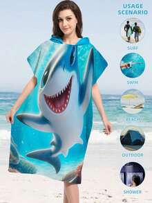 1pc Shark Hooded Poncho Changing Robe, Microfiber Wearable Beach Towel, Suitable For Surfing, Swimming, Bathing, Outdoor Sports, Adult Hooded Towel Cloak Robe - Multicolor - View 19