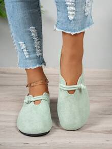 女士圆头一脚蹬平底鞋，软底，百搭，休闲，适合工作，秋季/春季，有深棕色、深绿色、浅绿色可供选择 - 淺綠色 - 查看 3