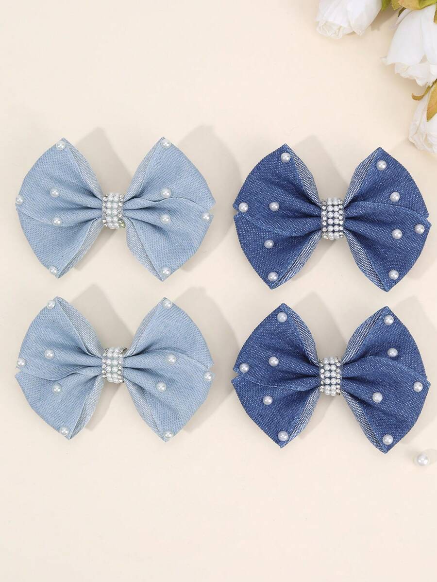 4 Stücke Cowboy Haarschleifen Clips mit Perlen Dekor, Mädchen Haarschleifen Mode Haarstyling Clips, Freizeitspangen, Haarschmuck für den Alltag