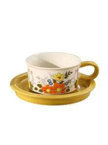 DearDali 复古手绘陶瓷咖啡杯碟套装，创意花卉图案马克杯，适用于咖啡馆、拿铁、卡布奇诺、摩卡、热巧克力，是办公室水杯的理想选择，是咖啡爱好者的礼物，是乔迁结婚礼物（1 套，250 毫升）