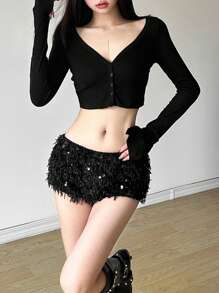 Short de lentejuelas de cintura baja sexy y ajustado de unicolor, moda callejera