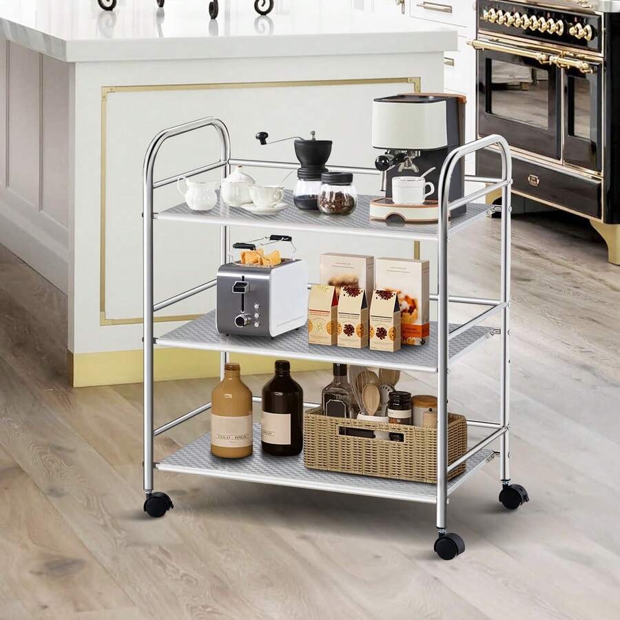 CLIPOP 3 Tier Kitchen Storage Cart Rolling Bar Cart Stainless Steel Trolley With Lockable Wheels, Catering Trolley On Wheels For Restaurants Drinks Vegetable Storage Book - Silver - View 1