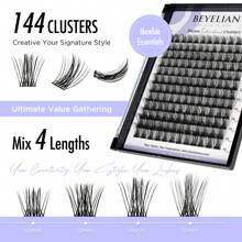 BEYELIAN Lash Extension Kit 144 Pcs Lash Clusters D Curl 10-16mm Lash Clusters Kit With Lash Bond And Seal And Remover Dense Look DIY Lash Kit Easy To Apply At Home (710,Black)