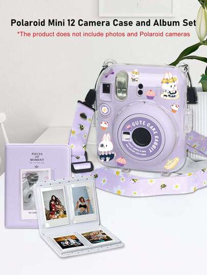 Instant Camera Mini 12 Photo Bag Crystal Shell Set, Protective Case, Body Sticker, Strap 3-In-1 Set, Instant Camera 64pcs 3-Inch Film Sweet Time Photo Album, Photo Collection Album
