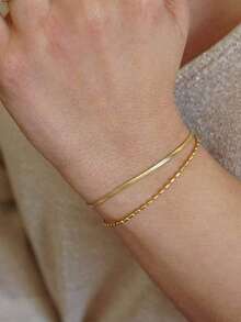 Nooxian 1 pieza Pulsera informal de mujer elegante y sencilla de acero inoxidable con doble capa dorada - amarillo dorado - Ver 4