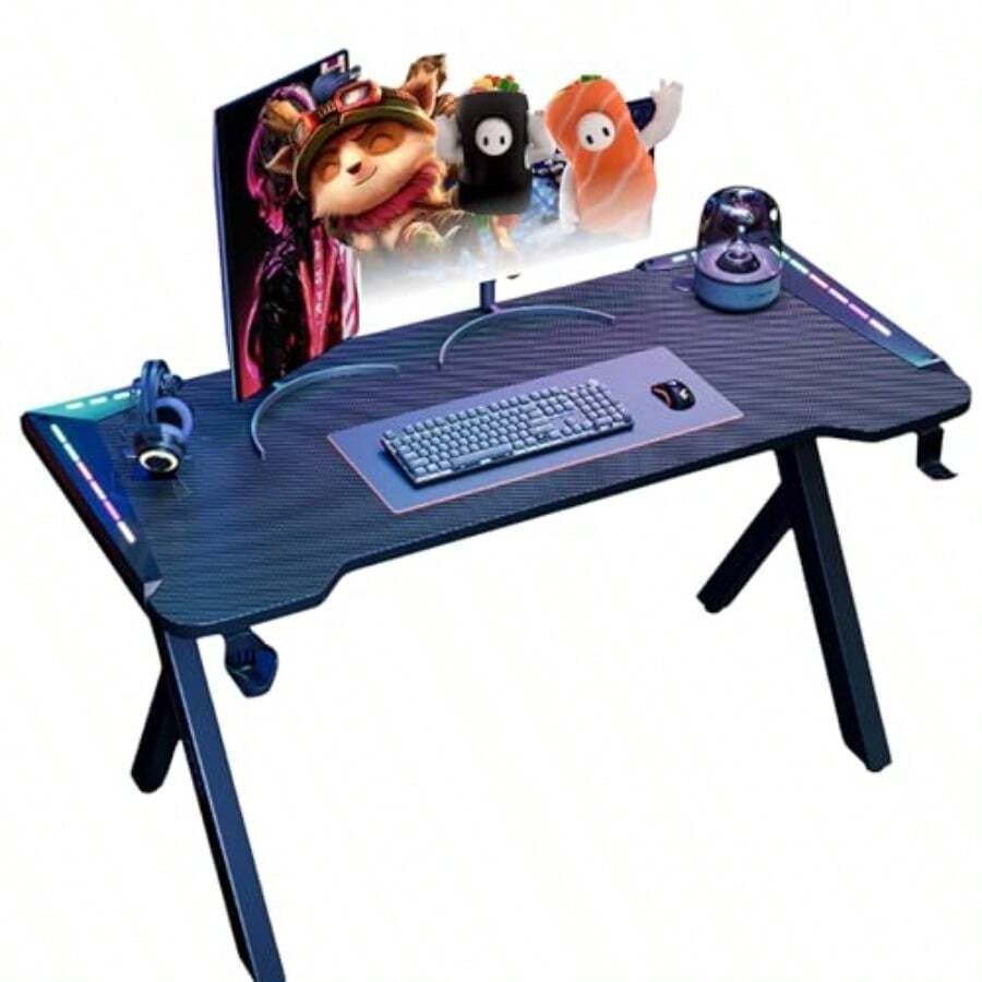 seraphiel Escritorio Gamer con Luces Led RGB Mesa Gamer con Revestimiento De Fibra De Carbono Estación De Trabajo para Gaming Y Oficina En Casa con Ganchos para Auriculares - Revestimientodefibradecarbono - Ver 1