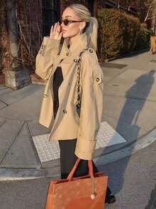 Abrigo de trinchera de mujer con cuello alto y doble botonadura en color caqui - Chaqueta de manga larga con bolsillos para uso diario, prenda exterior de moda para otoño e invierno