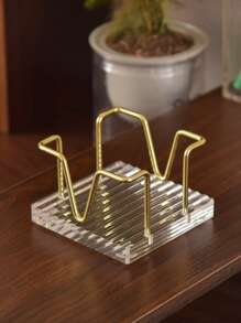 1/2pcs Desktop Self-Adhesive Memo Paper Organizer Holder With Business Card Rack, Black Walnut Simple Hollow Metal Memo Pad Holder