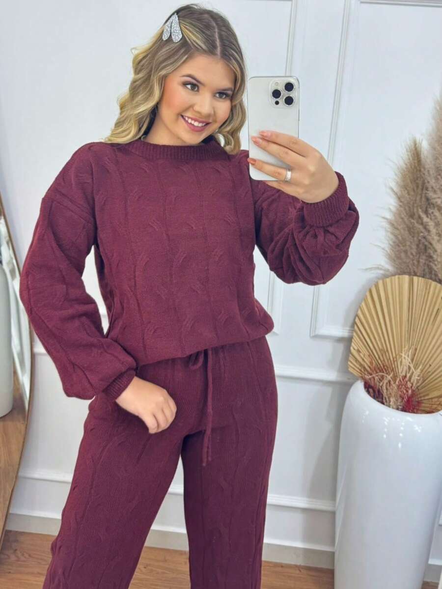 WOMEN'S WINTER MOUSSE KNITTING SET WITH PANTS AND BRAIDED BLOUSE - Maroon - View 1