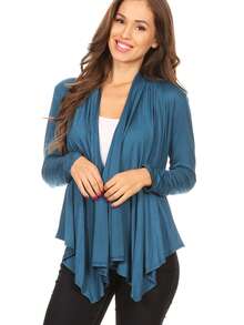 Casual Solid Long Sleeve Drape Open Front Cardigan Lightweight Layering Essential For Everyday Wear  Casual    Asymmetrical    Daily - 水鴨藍 - 查看 1