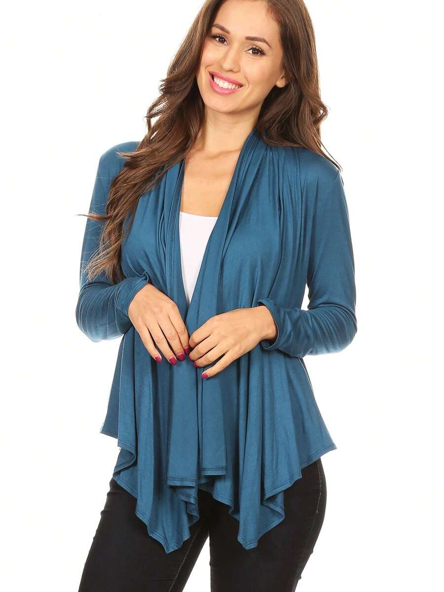 Casual Solid Long Sleeve Drape Open Front Cardigan Lightweight Layering Essential For Everyday Wear  Casual    Asymmetrical    Daily - 水鴨藍 - 查看 1
