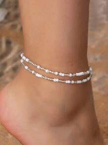 2pcs Bohemian Beach Resort Style Minimalist Fashion Casual White Bead & Faux Pearl Layered Anklet For Women
