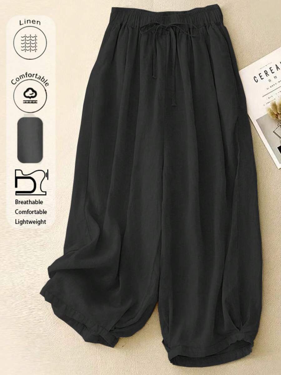 Comfortable Leisure Linen High-Waist Stretch Autumn/Summer Trousers With Draping Effect