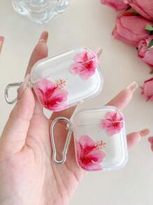 Fresh Sweet Pattern Realistic Hibiscus Flower Transparent Earphone Case, Including 1 Earphone Case Buckle, Compatible With AirPods Case, Headphones, AirPods Pro (2nd Gen), AirPods 3, AirPods Pro, AirPods 1/2, AirPods 4