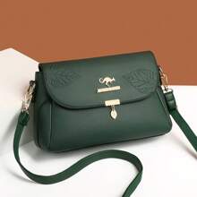 Nova Bolsa Transversal Pequena de Couro PU com Estampa de Folhas, Casual, Versátil, Bolsa de Mãe, Moda Feminina