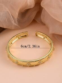 1 pezzo Bracciale a polsino dorato di alta qualità stile antico con texture a righe e fiocco di neve intagliato, con strass, placcatura bicolore, stile palazzo vintage, regalo di lusso ed elegante per le donne per le vacanze - Dorato - Visualizzare 9