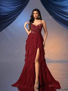 QOQ Fairy Style Women Formal Dress Romantic Evening Gown For Wedding Events, Cocktail Party, Charity Balls Pure Color Backless Sequined Mesh Dress Ballgown