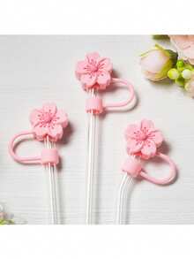 Compatible With Stanley Cup Accessories 2PCS Straw Toppers For Cup Straw Cover Cap, 26 Letters To Choose From Creative Cherry Blossom Straw Cap Cap, Reusable Silicone Straw Cap, Straw Anti-Splash Dustproof Straw Cover, Portable Easy To Clean Insulation Cup Straw Cup Accessories, 10mm Thicker Large Caliber Flower Straw Cap, Cute Cartoon Flower Straw Dust Cover, Pink/Purple/Black/White Yellow/White Pink - Pink 2pcs - View 3