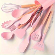 TAIMASI [Non-Stick Utensil Set] 12pcs Non-Stick Silicone Kitchen Utensil Set With Wooden Handles | Saf-E And Easy To Clean - Perfect For Cooking And Baking - Ideal For Back To School And Dorm Essentials - 粉色 - 查看 1