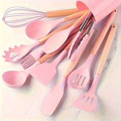 TAIMASI [Non-Stick Utensil Set] 12pcs Non-Stick Silicone Kitchen Utensil Set With Wooden Handles | Saf-E And Easy To Clean - Perfect For Cooking And Baking - Ideal For Back To School And Dorm Essentials