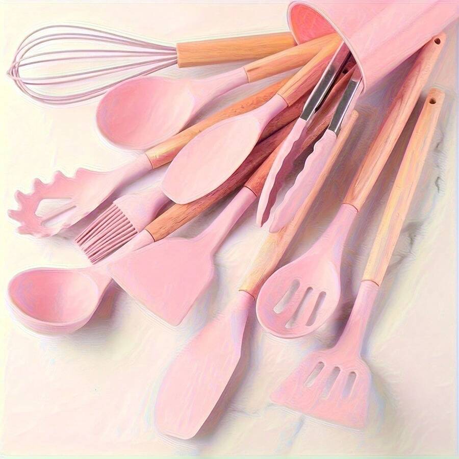 TAIMASI [Non-Stick Utensil Set] 12pcs Non-Stick Silicone Kitchen Utensil Set With Wooden Handles | Saf-E And Easy To Clean - Perfect For Cooking And Baking - Ideal For Back To School And Dorm Essentials - 粉色 - 查看 1