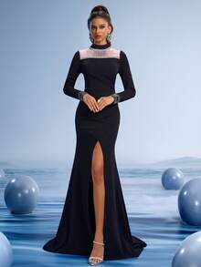 GIFORU 黑色美人魚晚禮服:高領腮紅水晶透視長袖洋裝,適用於紅毯、Met Gala、正式晚宴婚禮 - 黑色 - 查看 7