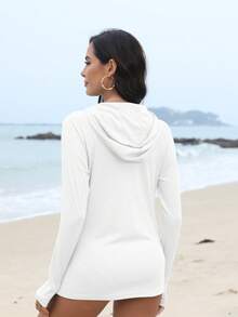 Damska koszulka z kapturem i długim rękawem z filtrem UV UPF 50+, z otworami na kciuki do biegania, ćwiczeń, wędrówek, wędkowania, lekka, sportowa, na świeżym powietrzu - Biały - Zobacz 5