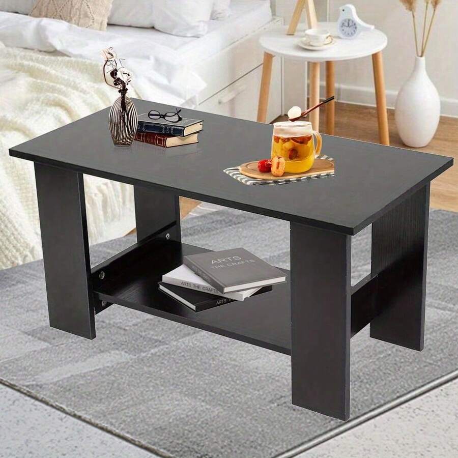 Modern Coffee Table Living Room Tea Side End Desk With Lower Storage Shelf Black - Black - View 1