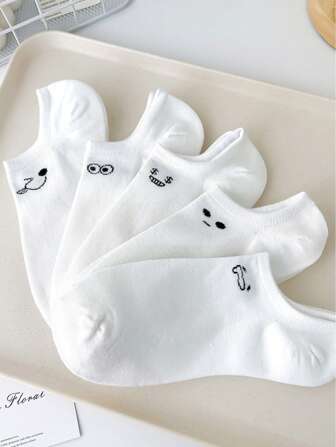 5 Pairs White Simple Funny Face Print Ankle Socks For Men & Women, Moisture Wicking, Breathable, Low Cut, Casual, Spring/Summer