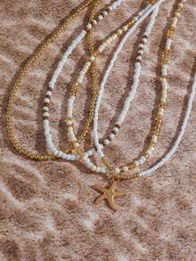 4pcs Bohemian Style Random Color Glass Bead Starfish Pendant Layered Necklace Set, Suitable For Beach, Vacation, Party - Beige - View 4