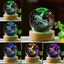 3D Laser Engraved Unicorn Statue Crystal Ball Night Light - Automatic Color Changing Wooden Base, Glass Ball Lamp Home Decoration, Unique Gift For Christmas, Valentine's Day, Easter, Thanksgiving, And Family Gatherings