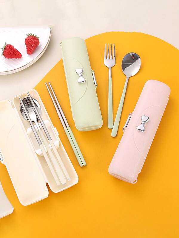304 Stainless Steel Portable Tableware Set, Suitable For Outdoor Travel, Household , Folding Storage, Rust-Proof And Easy To Clean, Suitable For Students And Office Workers,School Supplies