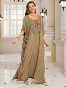 Women's Elegant Embroidered Dress Plus Size Bohemian Batwing Sleeves Dubai Abaya Casual Holiday Dresses Outfits