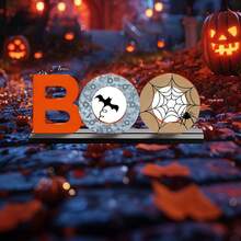 1 szt. Drewniana dekoracja rzemieślnicza na Halloween z podstawą, dekoracja na biurko w stylu nawiedzonego domu, ciekawa sezonowa drewniana dekoracja na Halloween do wewnątrz/na zewnątrz, do salonu, jadalni, biura