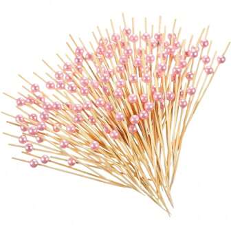 [Quantity] Pcs/Set Pink Disposable Bamboo Skewers, Round Beaded Design, Suitable For Kitchen, Salad, Wedding, Festival Party