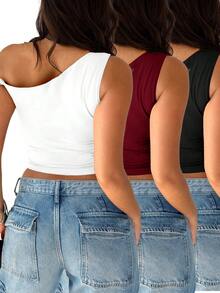 女士纯色简约休闲不对称肩短袖上衣 - 白色+酒紅色+黑色 - 查看 4