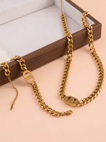 Gold Cuban Chain Geometric Charm Necklace & Bracelet Set, Hip-Hop Thick Chain Jewelry Set, Suitable Gift For Mom, Wife, Friends, Students