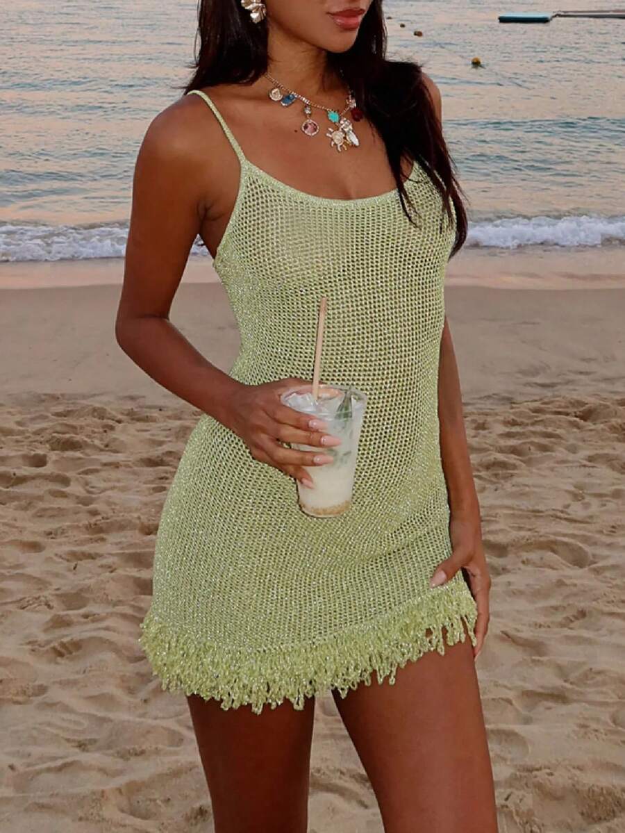 Women's Crochet Short Dress Hollow Out Spaghetti Strap Tassel Hem Bodycon Swimsuit Cover Up Summer  Knit Dresses - 綠色 - 查看 1