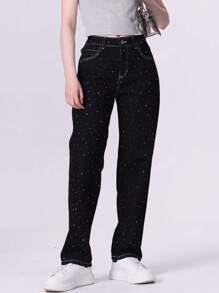 Jeans a gamba larga da donna neri con motivo a diamante, pantaloni a gamba larga da donna, adatti per l'uso quotidiano, campus, lavoro, pendolarismo