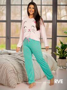 Pijama Feminino Inverno Longo  Cordão falso  Fofo  elegante  Luxuoso  Mulher casual  Young casual  Tecido de malha  Manga Comprida Gatinha Brilhosa Fofinha